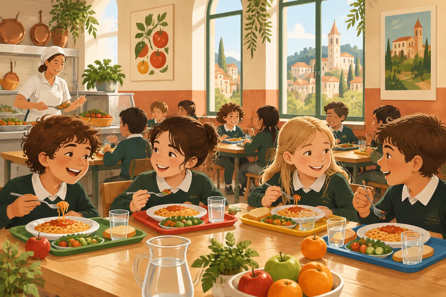 Bambini che pranzano nella mensa della scuola Don Bosco